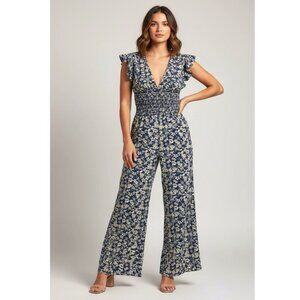 MAX STUDIO Blue & White Floral Wide Leg V-Neck Jumpsuit - M - NWOT